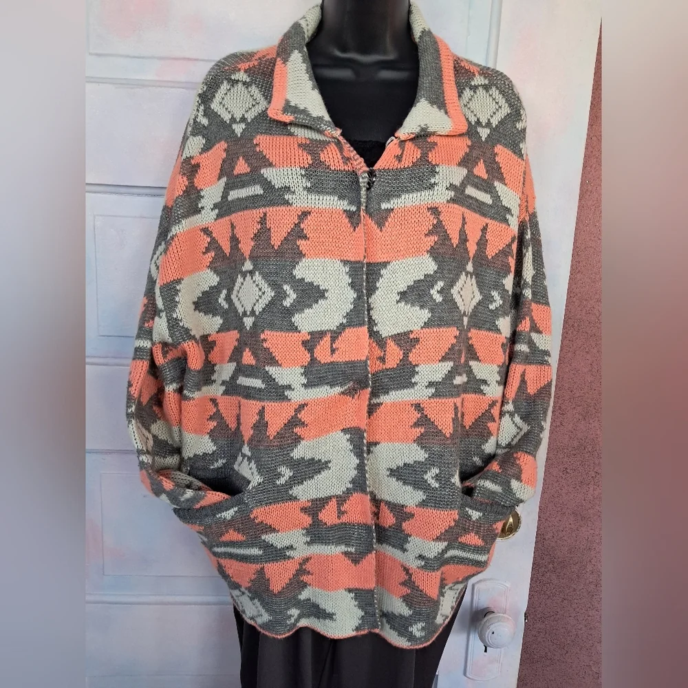 Blu Pepper Orange and Gray Geometric Cardigan - Picture 2 of 13